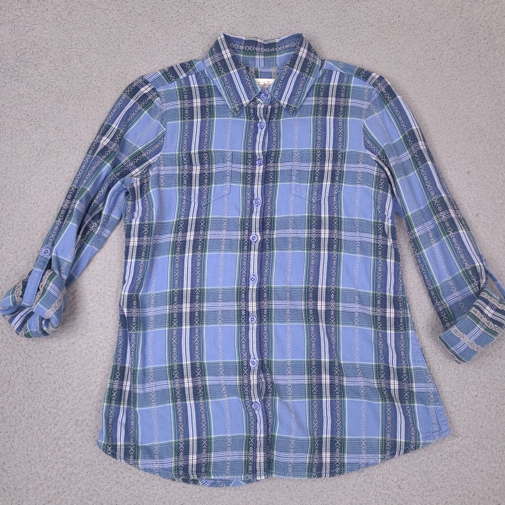 Aventura Shirt Women Small Blue Plaid Organic Cotton Roll Tab Sleeve Embroidered
